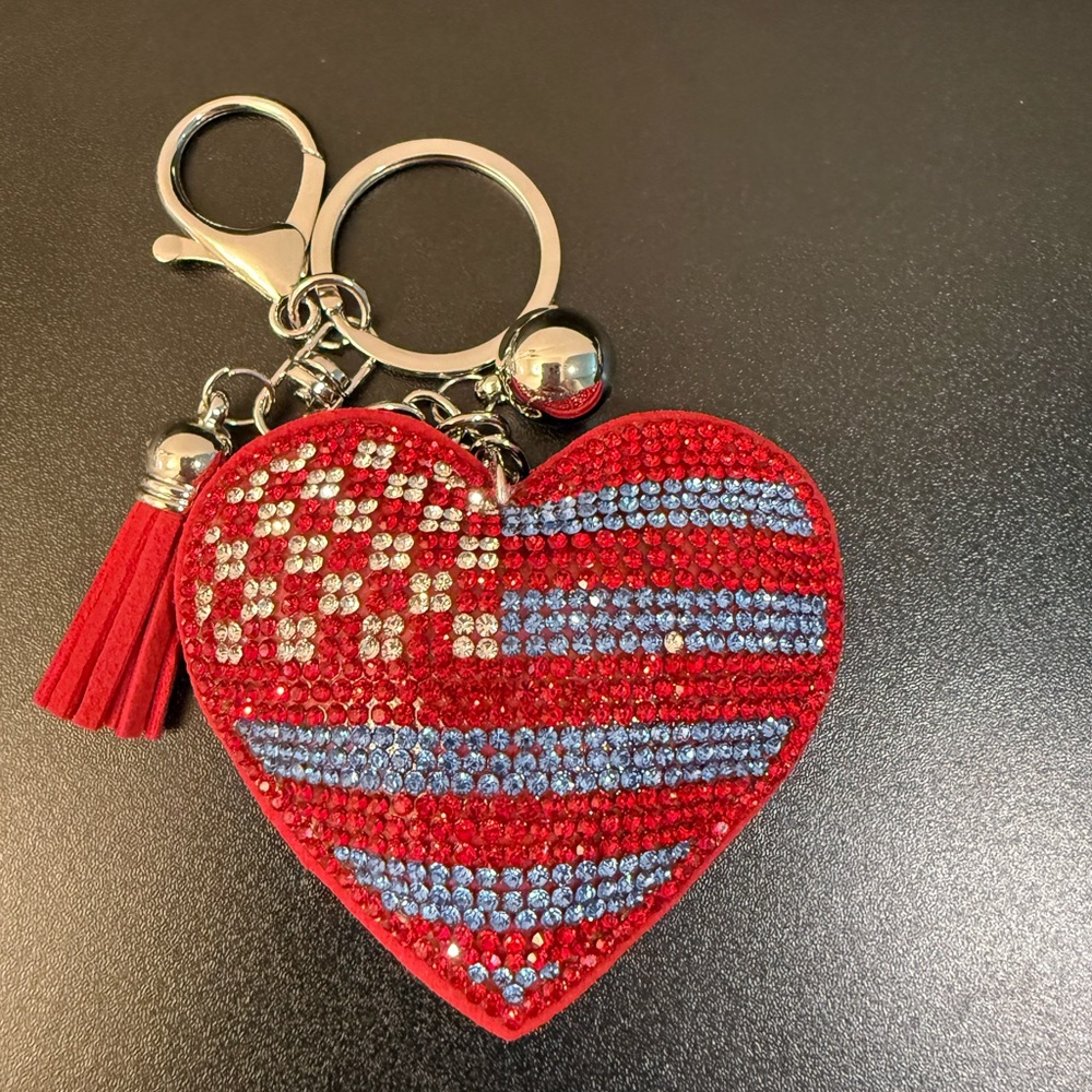Rhinestone Heart and Flag Purse Charm Keychain - NWT (Pick One) - Picture 6 of 7